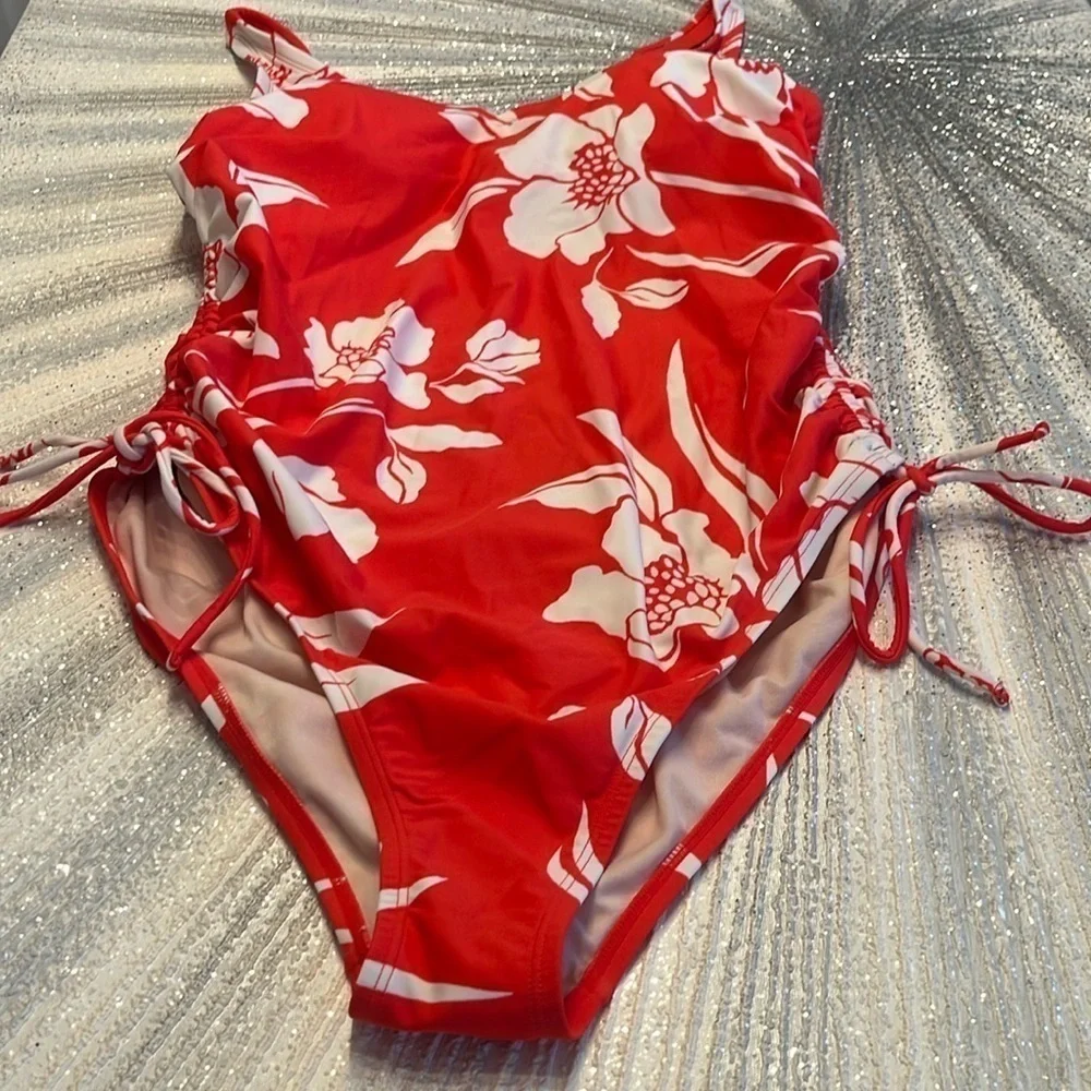 Kona Sol tropical floral one piece ruched side cinched full coverage size 18W